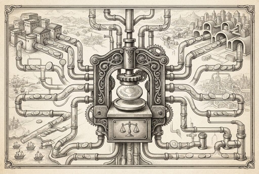 A mechanical coin press in the center striking coins that bear no interest, while distribution pipes multiply outward toward distant exchange points — the issuer economics of a yield-banned instrument.