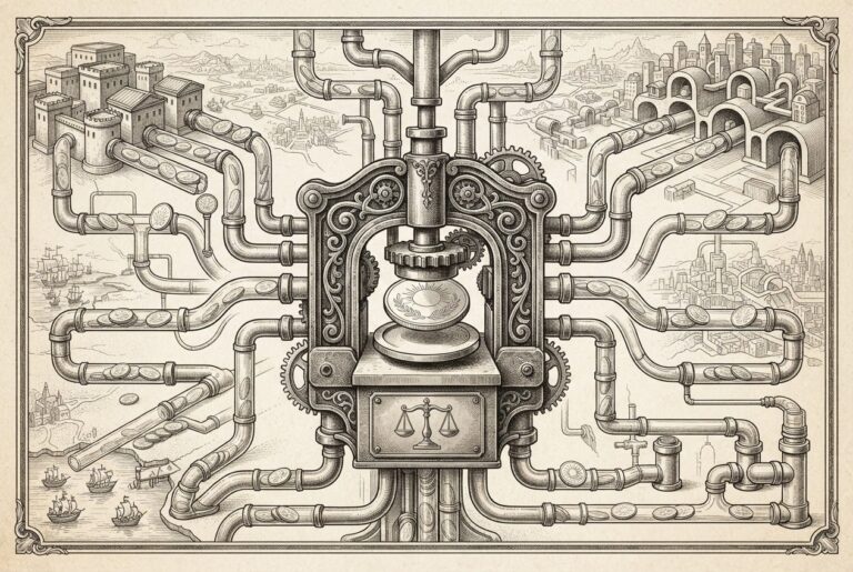 A mechanical coin press in the center striking coins that bear no interest, while distribution pipes multiply outward toward distant exchange points — the issuer economics of a yield-banned instrument.