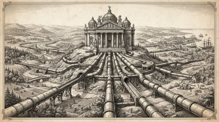 Iron pipes and channels extending from a classical financial building outward across a landscape, branching toward distant villages - settlement infrastructure reaching where demand is highest