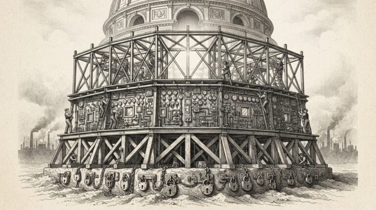 Victorian-era industrial scaffolding rising from bare ground with three distinct layers of framework: foundation beams with padlocks, monitoring stations with pressure gauges, and open framework overhead, with small figures climbing and carrying tools