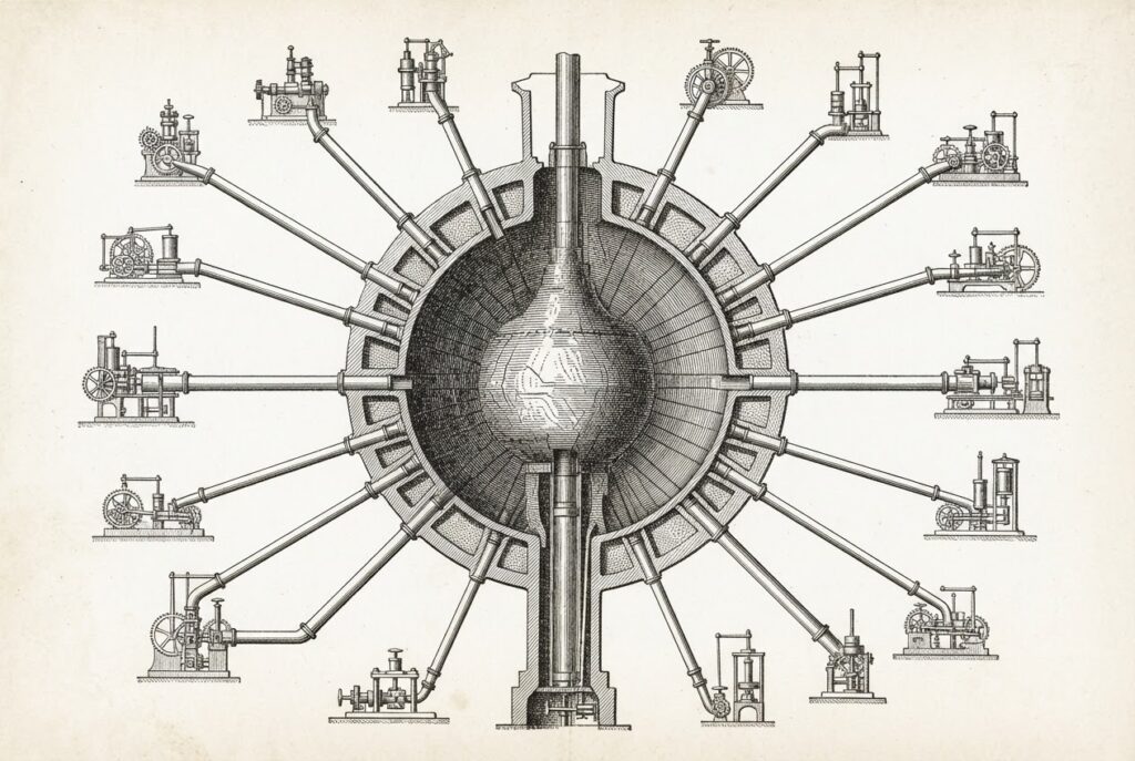 A cross-section diagram of a single massive central chamber with pipes radiating outward to many smaller mechanisms at the edges, representing one vendor controlling every layer of the agent commerce stack - discovery, checkout, settlement, fraud, and financial infrastructure - and the concentration risk that creates.