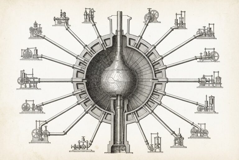 A cross-section diagram of a single massive central chamber with pipes radiating outward to many smaller mechanisms at the edges, representing one vendor controlling every layer of the agent commerce stack - discovery, checkout, settlement, fraud, and financial infrastructure - and the concentration risk that creates.
