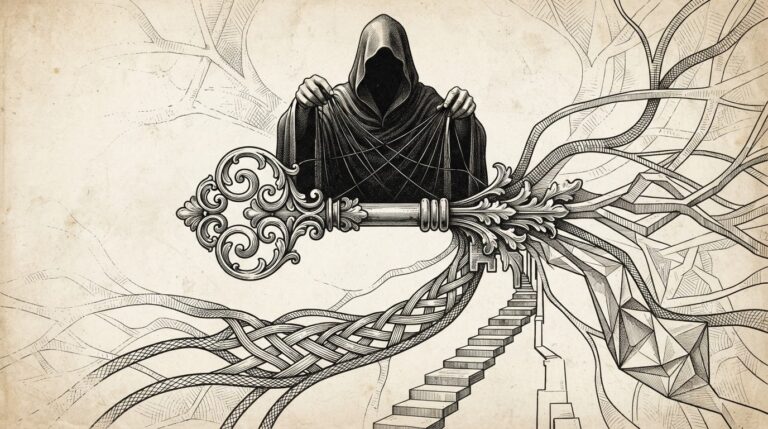 A single ornate key transforming into multiple branching pathways representing different payment rails while a shadowy agent figure operates behind the key without touching the underlying credentials — the Stripe SPT as default money infrastructure for agentic commerce.
