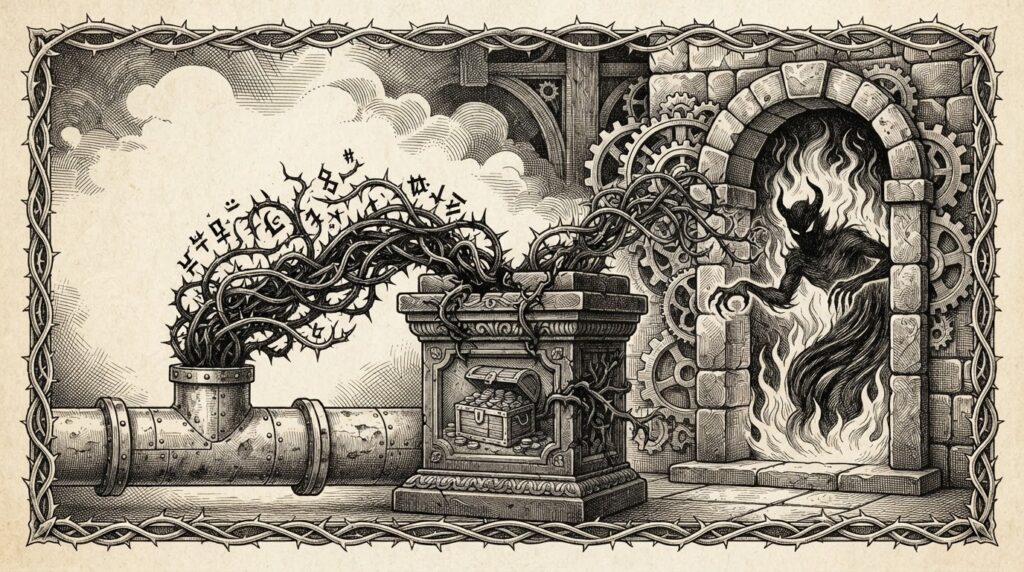 Pen-and-ink engraving of thorny vines flowing through a riveted pipeline into a carved stone plinth and through a mechanical archway where a dark flame entity emerges
