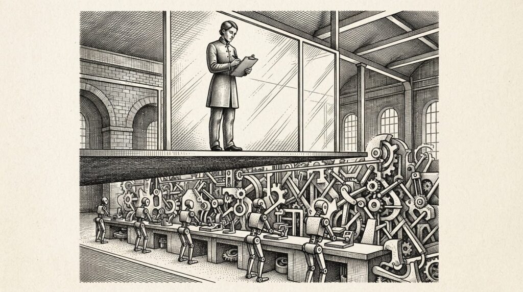A supervisor figure elevated behind glass watches mechanical workers operating below — oversight without direct control. Monochrome pen-and-ink engraving.