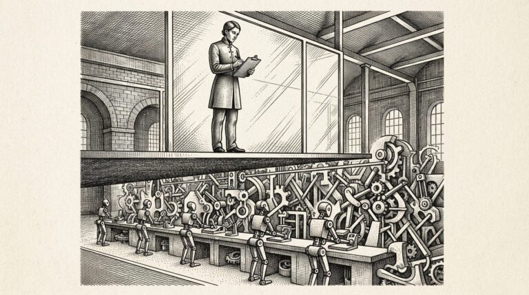 A supervisor figure elevated behind glass watches mechanical workers operating below — oversight without direct control. Monochrome pen-and-ink engraving.