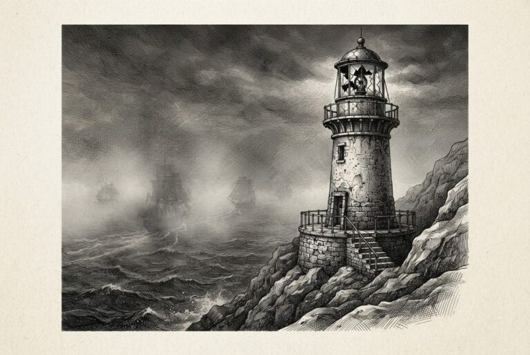 A lighthouse with its lamp cracked and extinguished, overlooking a dark sea where ships move unseen, symbolizing the IDS/IPS monitoring layer rendered blind by critical vulnerabilities.