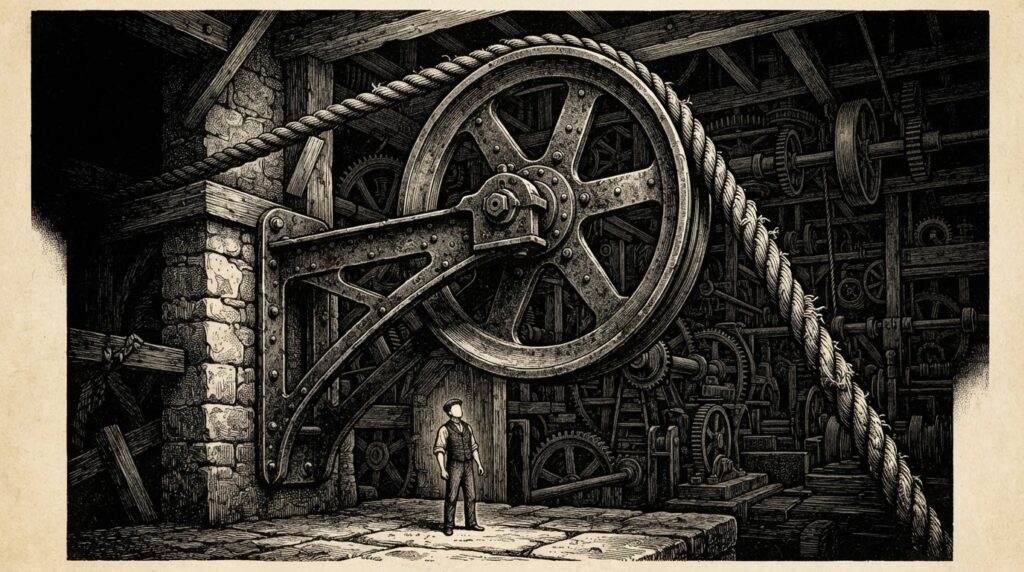 A massive Victorian industrial rope-and-pulley mechanism with thick rope threaded through a large hand-drawn pulley wheel, the rope extending horizontally into darkness at both edges — agent work being continuously preserved and carried forward by the infrastructure beneath it.