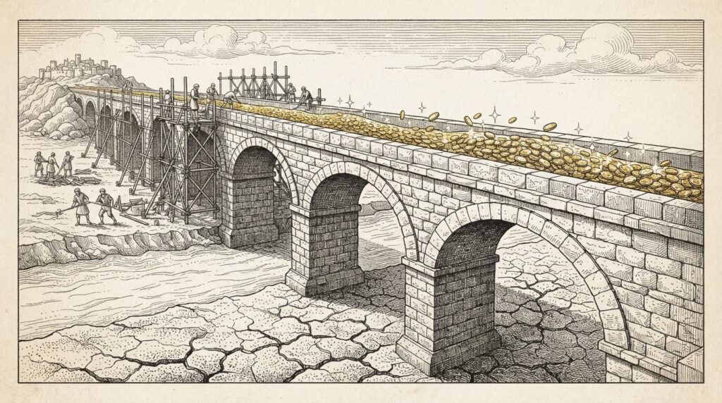 Pen-and-ink illustration of a stone aqueduct carrying coins across a dried riverbed representing the empty legislative yield channel