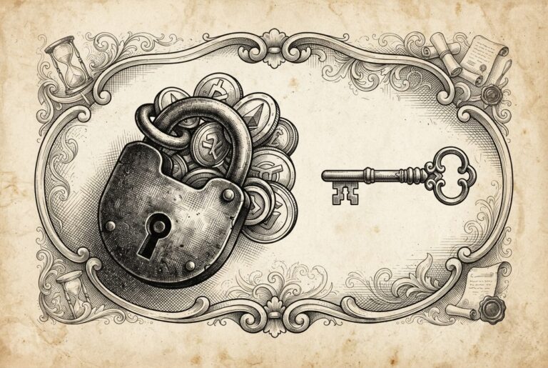 A monochrome pen-and-ink engraving of a heavy iron padlock clamped around digital tokens with a visible gap between the lock mechanism and a separate ornate key hovering just out of reach, representing delayed legal authorization