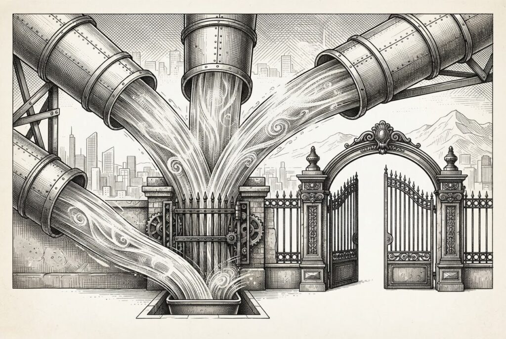 Three industrial chutes funnel heavy flow into a single narrow gate while a much wider ornate gate stands half-open and completely empty - monochrome pen-and-ink engraving on warm paper, representing M&A absorbing capital while the IPO path sits unused