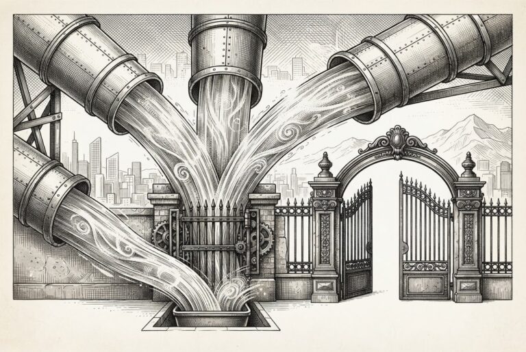 Three industrial chutes funnel heavy flow into a single narrow gate while a much wider ornate gate stands half-open and completely empty - monochrome pen-and-ink engraving on warm paper, representing M&A absorbing capital while the IPO path sits unused