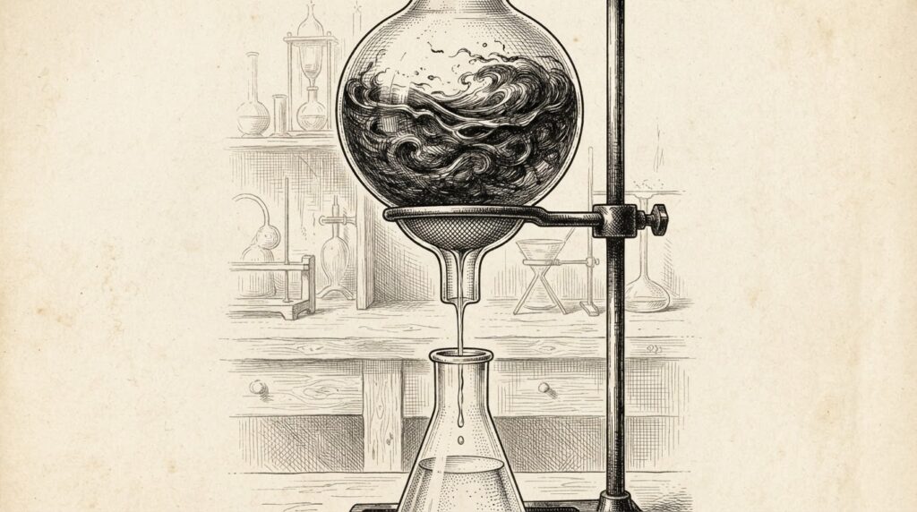 A glass laboratory retort with a mesh filter fused into its neck - dark turbulent liquid fills the upper chamber but only a thin clear stream passes through the immovable filter into a narrow vessel below.