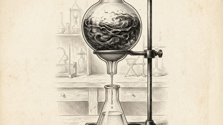 A glass laboratory retort with a mesh filter fused into its neck - dark turbulent liquid fills the upper chamber but only a thin clear stream passes through the immovable filter into a narrow vessel below.