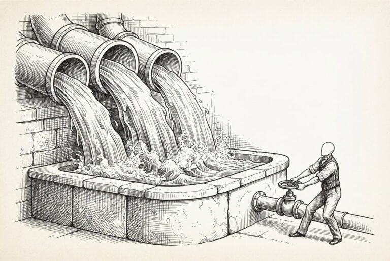Three massive Victorian industrial pipes pour torrents of water into a stone basin while a small faceless figure in a waistcoat struggles to turn a single tiny partially-closed valve on a narrow outflow pipe - industrial-scale buildout versus a fragile governance mechanism.