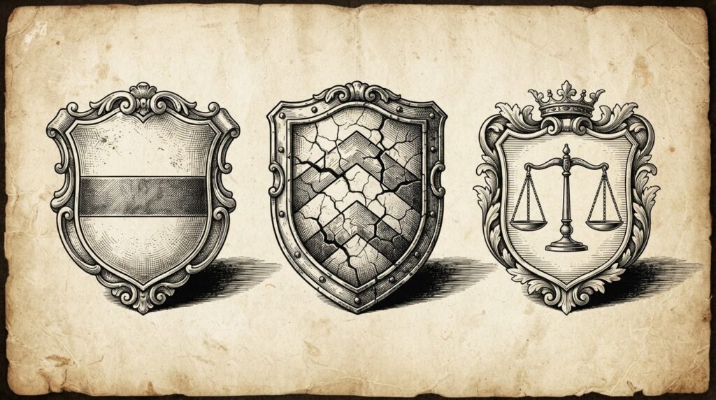 Three ornate heraldic shields arranged in a horizontal row on aged parchment paper, each bearing a different heraldic design representing different liability models — a simple band, a cracked insurance-like pattern, and a balanced scale motif. Black ink engraving on warm paper, conceptual.