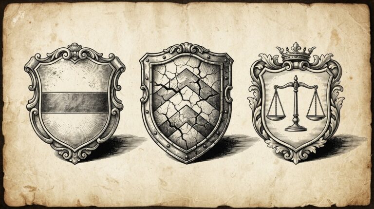 Three ornate heraldic shields arranged in a horizontal row on aged parchment paper, each bearing a different heraldic design representing different liability models — a simple band, a cracked insurance-like pattern, and a balanced scale motif. Black ink engraving on warm paper, conceptual.