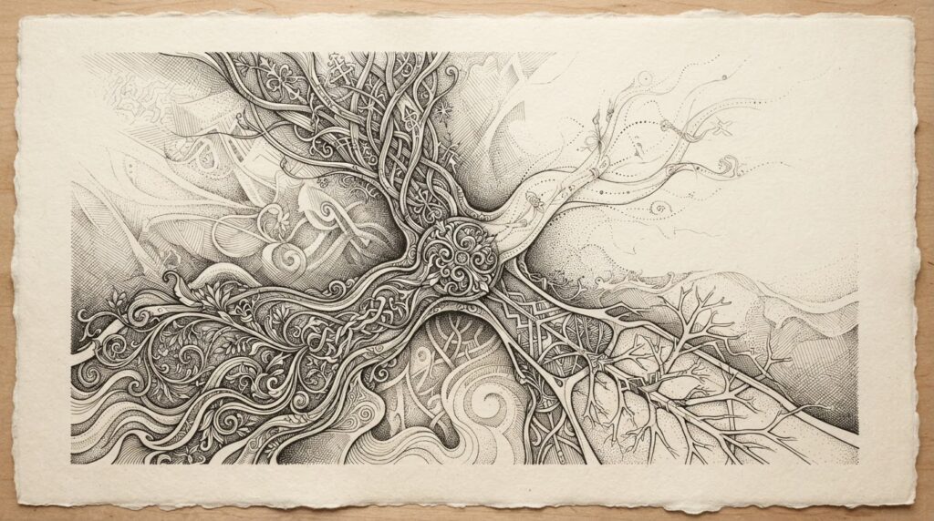 Pen-and-ink engraving of an abstract allegorical scene with three paths converging at a crossroads, with a fourth path branching off into undefined space