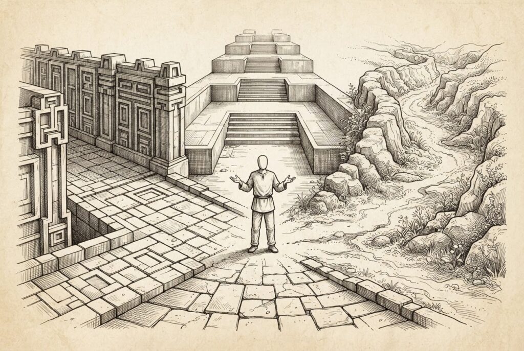 At a grand stone crossroads, three corridors diverge - one rigid geometric grid (EU), one flowing organic terrain (US/G20), one structured with ascending tiers (China) - with a single faceless figure caught at the decision point, symbolizing the builder forced to navigate three incompatible regulatory philosophies.