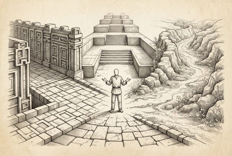 At a grand stone crossroads, three corridors diverge - one rigid geometric grid (EU), one flowing organic terrain (US/G20), one structured with ascending tiers (China) - with a single faceless figure caught at the decision point, symbolizing the builder forced to navigate three incompatible regulatory philosophies.