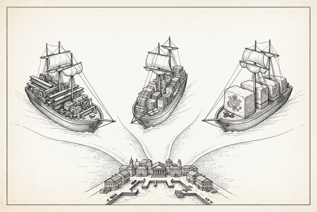 Three sailing vessels departing from one harbor, each carrying different cargo - machinery, documents, and stone - splitting into three diverging directions on open water