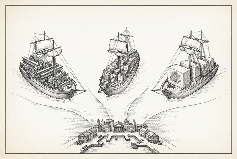 Three sailing vessels departing from one harbor, each carrying different cargo - machinery, documents, and stone - splitting into three diverging directions on open water