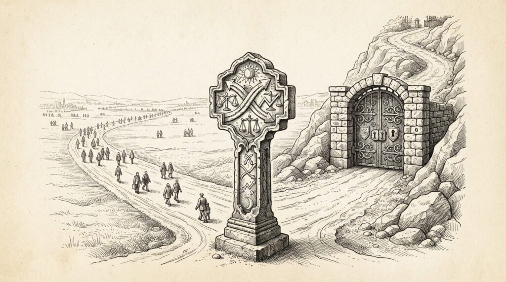 At a stone crossroads, two paths diverge sharply. The left path descends into a wide commoditized plain with many small figures walking freely, representing volume and low cost. The right path ascends steeply through a narrow gated checkpoint with an ornate locked door, representing premium restricted access. The crossroads itself is an elaborate engraved stone marker.