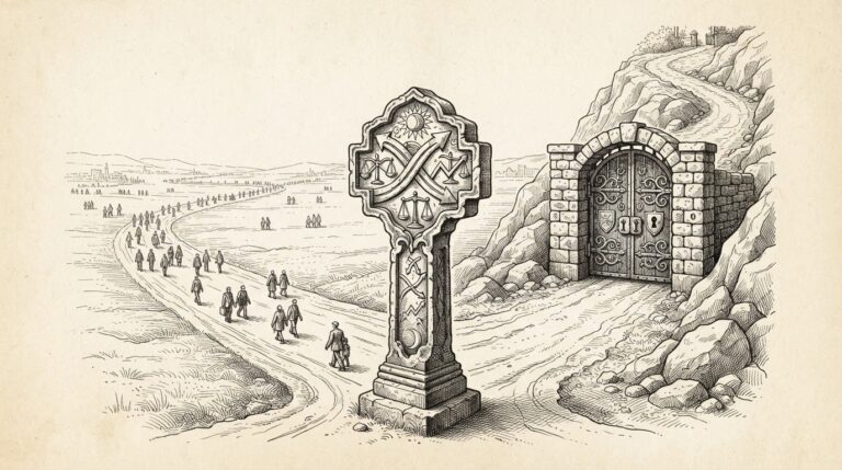 At a stone crossroads, two paths diverge sharply. The left path descends into a wide commoditized plain with many small figures walking freely, representing volume and low cost. The right path ascends steeply through a narrow gated checkpoint with an ornate locked door, representing premium restricted access. The crossroads itself is an elaborate engraved stone marker.