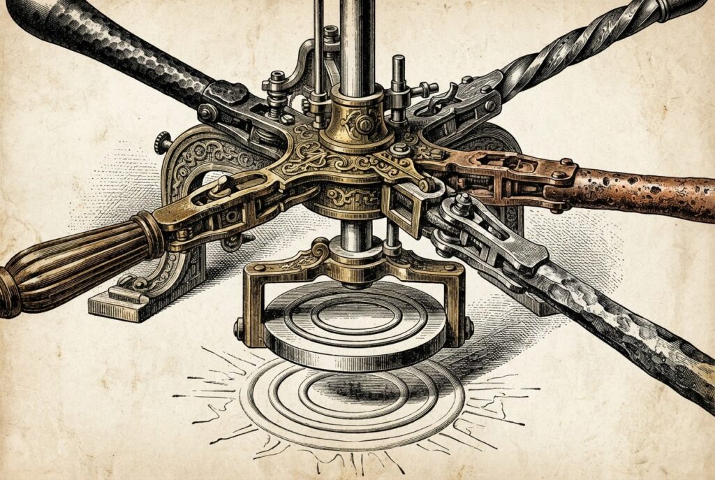 A detailed vintage-style engraved illustration of a mechanical seal-press with five distinct lever arms radiating from a central hub, each made of different materials, converging on a central stamping plate with three concentric rings - representing five enterprise vendors independently arriving at the same three-layer architecture
