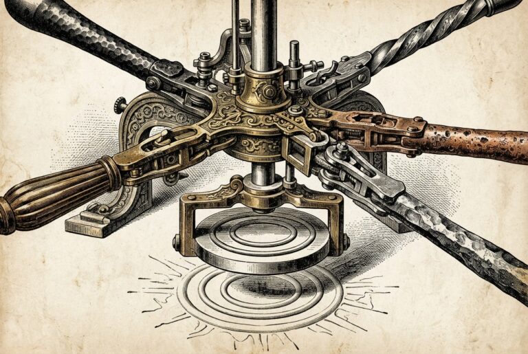 A detailed vintage-style engraved illustration of a mechanical seal-press with five distinct lever arms radiating from a central hub, each made of different materials, converging on a central stamping plate with three concentric rings - representing five enterprise vendors independently arriving at the same three-layer architecture