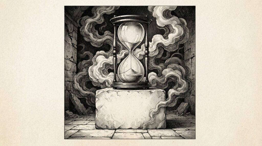 A monochrome ink engraving of a large hourglass with sand almost depleted, sitting on an empty pedestal with no inscription. Swirling mist surrounds the frame. Conceptual allegory for an approaching deadline with nothing prepared.