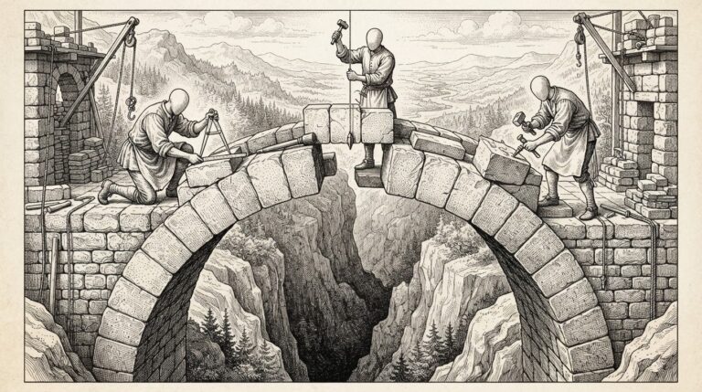 Pen-and-ink illustration of three stonecutters building a bridge from opposite ends toward a gap in the center