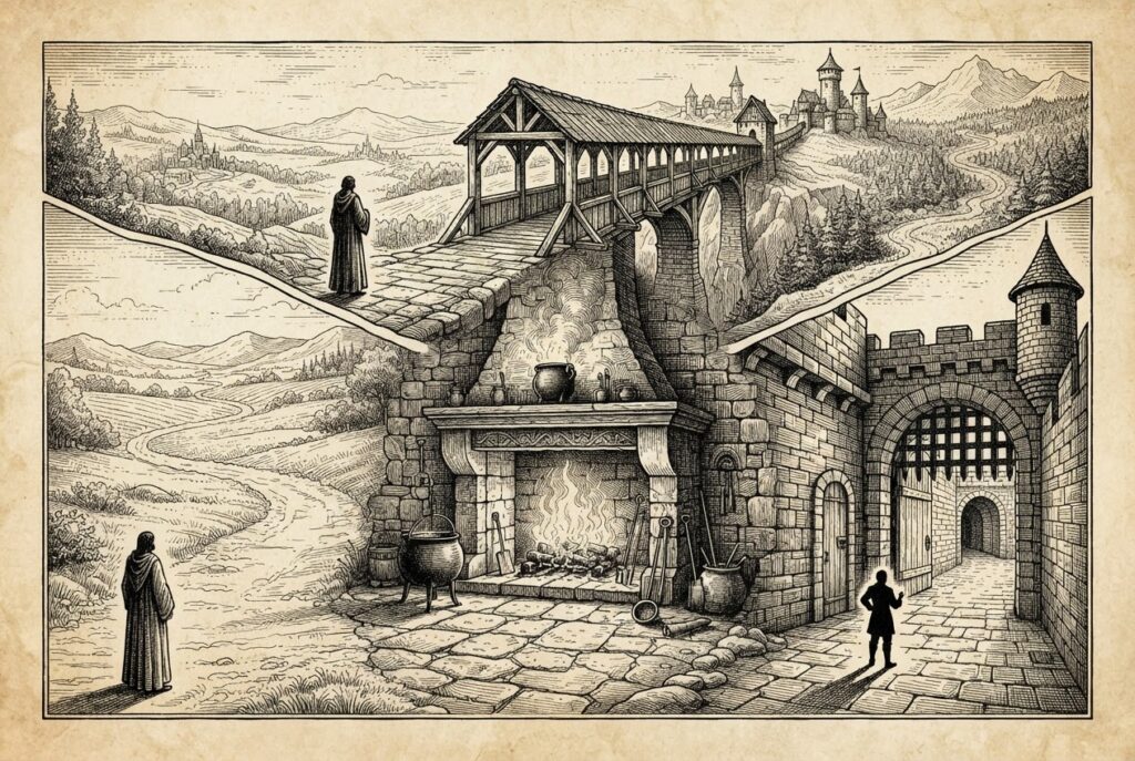 Pen-and-ink engraving of three paths radiating from a central domestic hearth — one wide open, one fortified, one connected by bridges — representing three competing visions for the AI agent home