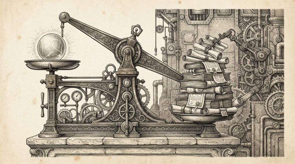 A single vast industrial weighing scale rendered as an antique brass-and-iron instrument, set on a stone plinth. On the left pan sits a small glowing orb representing compute silicon. On the right pan, a much larger stack of documents, ledgers, and capital certificates is being added by a mechanical arm emerging from a wall - the weight tips heavily toward the capital side. Fine engraving details: gears, screws, pressure gauges on the frame. Monochrome pen-and-ink engraving on warm off-white aged paper.