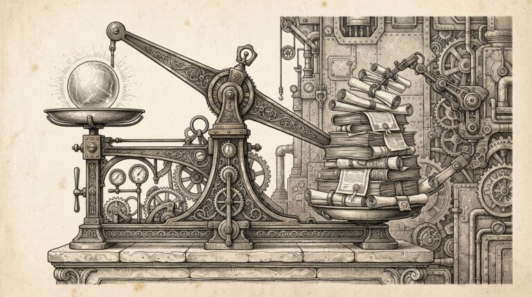 A single vast industrial weighing scale rendered as an antique brass-and-iron instrument, set on a stone plinth. On the left pan sits a small glowing orb representing compute silicon. On the right pan, a much larger stack of documents, ledgers, and capital certificates is being added by a mechanical arm emerging from a wall - the weight tips heavily toward the capital side. Fine engraving details: gears, screws, pressure gauges on the frame. Monochrome pen-and-ink engraving on warm off-white aged paper.