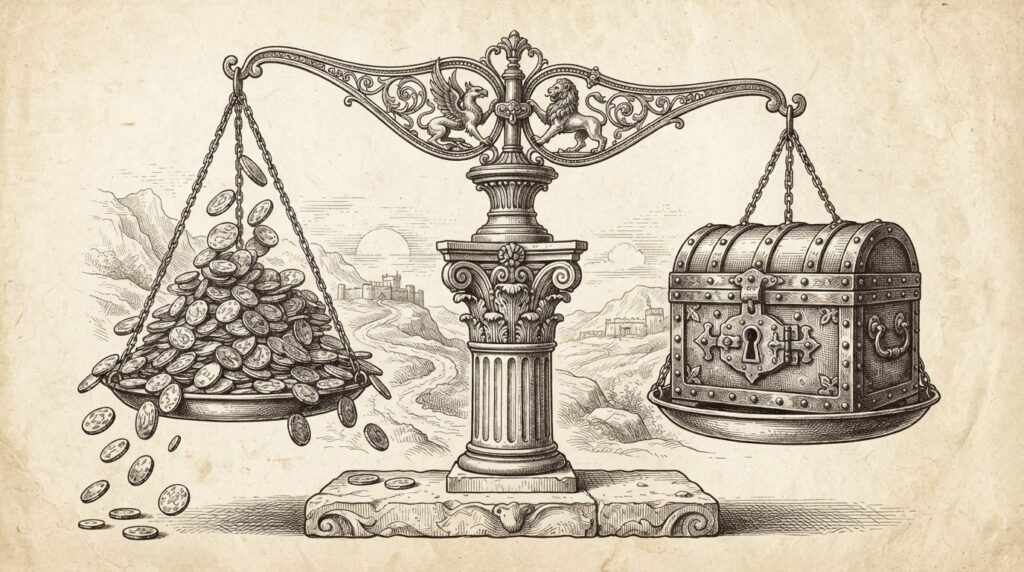 An ornate antique balance scale with one side holding a massive pile of diminishing coins and the other a single locked vault - the two weighing each other in the same market