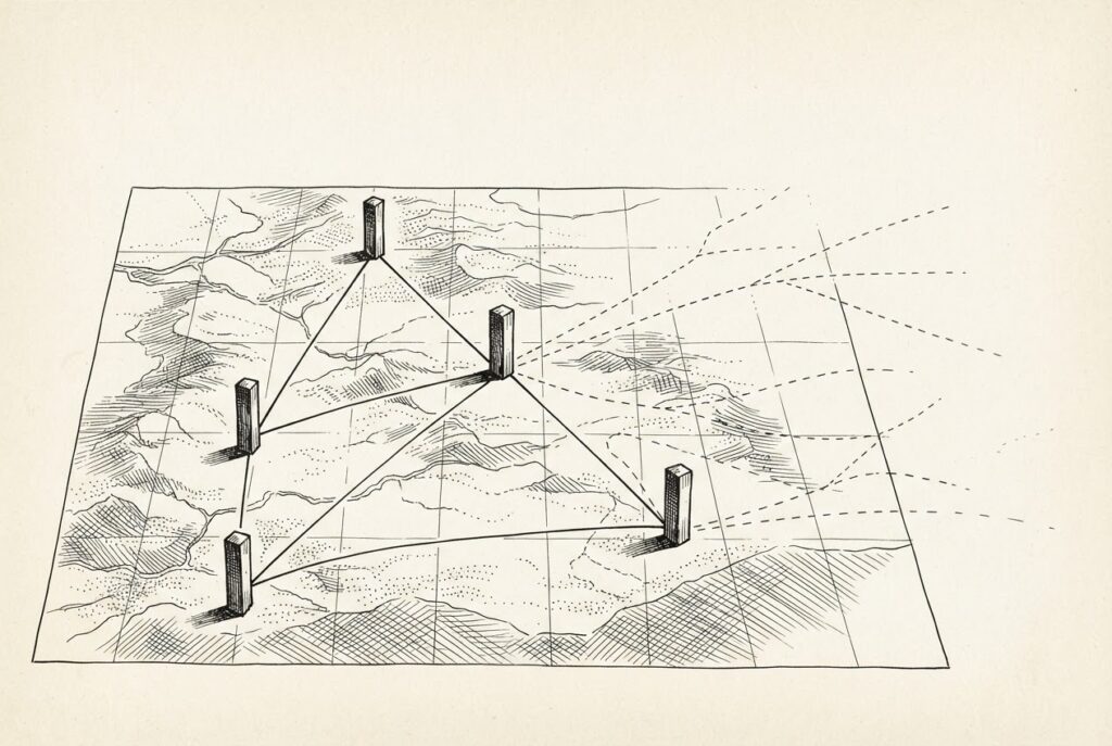An antique cartographer's survey table viewed from above, with five solid survey markers driven into engraved terrain and dashed extension lines branching into uncertain directions - fixed regulatory anchors contrasted with paths still being surveyed