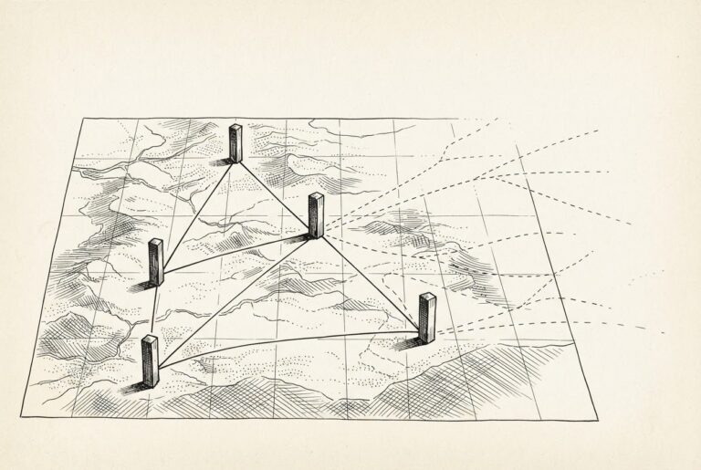 An antique cartographer's survey table viewed from above, with five solid survey markers driven into engraved terrain and dashed extension lines branching into uncertain directions - fixed regulatory anchors contrasted with paths still being surveyed