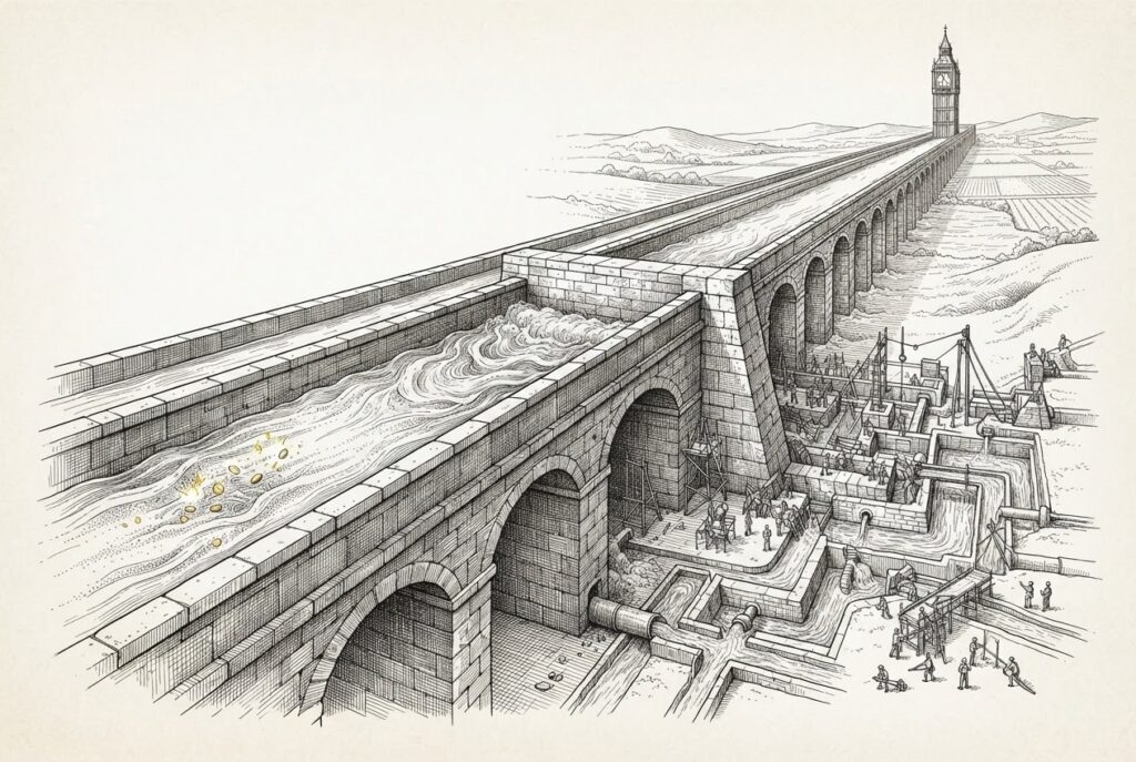A vast stone aqueduct carrying two parallel channels — one flowing freely with golden sparks in the water, the other blocked by a massive stone dam with water building up behind it, while downstream workers construct elaborate bypass channels around the obstruction — representing the two-track race between tokenized deposits and payment stablecoins for institutional money.