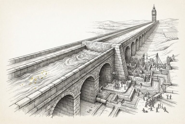 A vast stone aqueduct carrying two parallel channels — one flowing freely with golden sparks in the water, the other blocked by a massive stone dam with water building up behind it, while downstream workers construct elaborate bypass channels around the obstruction — representing the two-track race between tokenized deposits and payment stablecoins for institutional money.