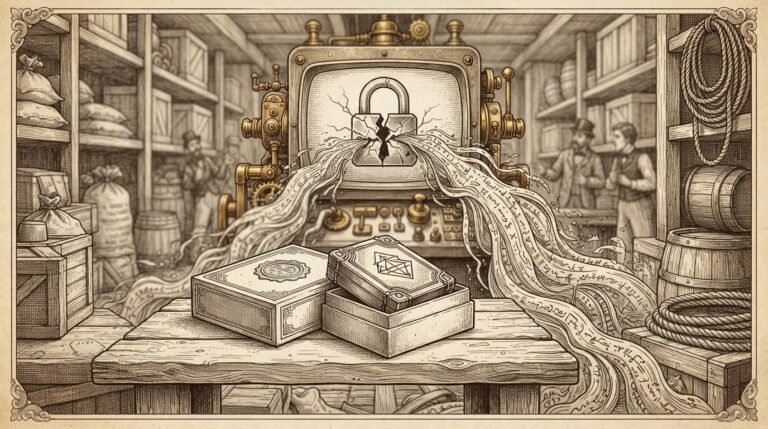Pen-and-ink illustration of a secure crypto wallet on a warehouse shelf with a compromised management terminal behind it showing a cracked lock symbol