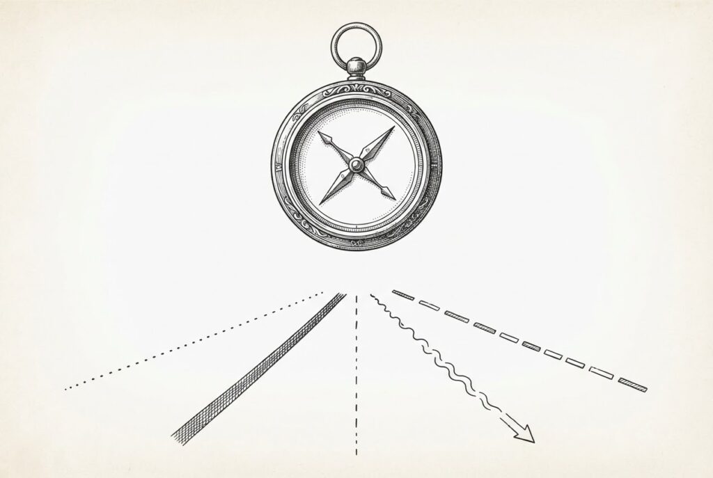A single ornate brass compass suspended above a field of diverging paths - the instrument that orients across competing directions without claiming any path. Pen-and-ink engraving with cross-hatching and stippling on warm aged paper.