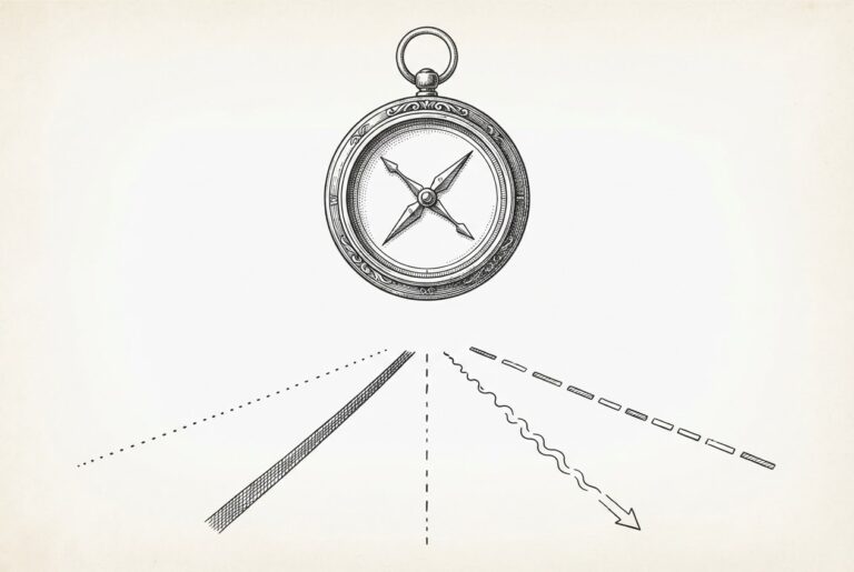 A single ornate brass compass suspended above a field of diverging paths - the instrument that orients across competing directions without claiming any path. Pen-and-ink engraving with cross-hatching and stippling on warm aged paper.
