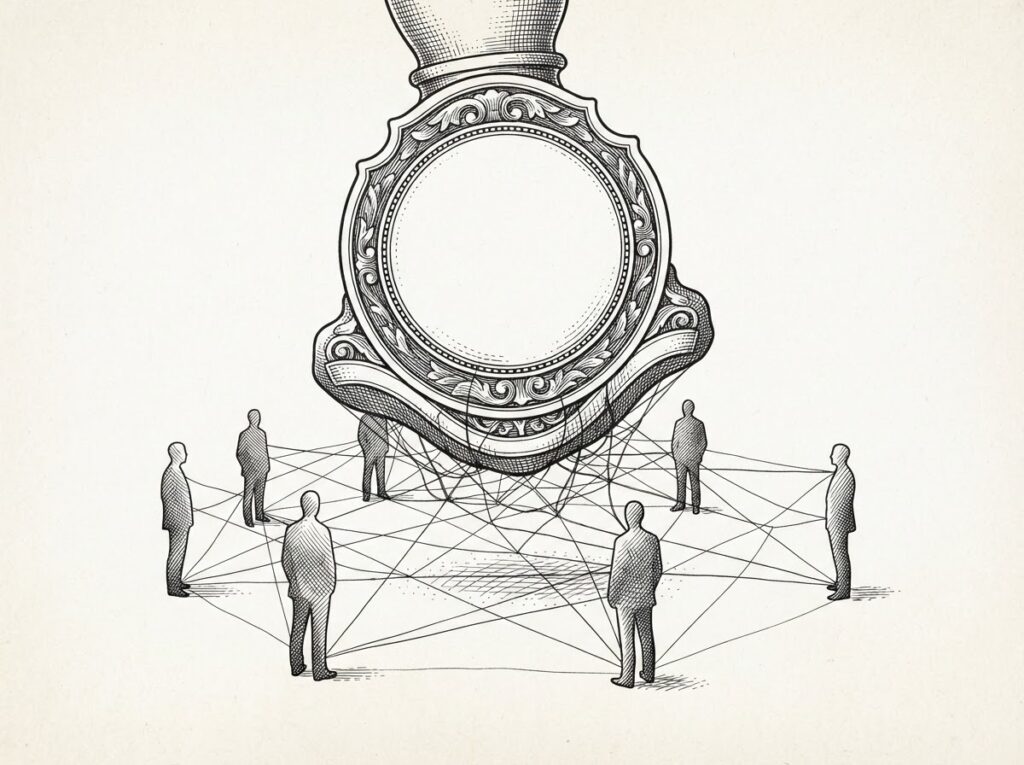 A large government seal descending onto threads connecting faceless figures - the state overwriting voluntary industry coordination on AI safety