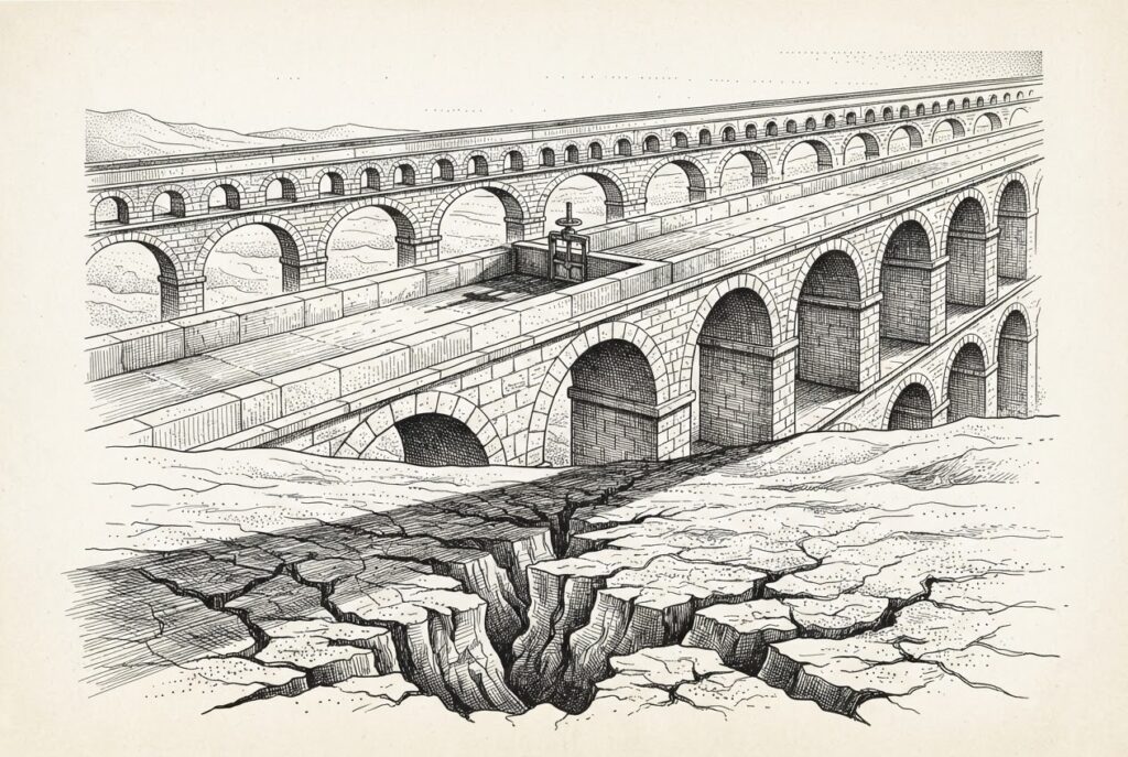 A vast pen-and-ink aqueduct system with dry channels running over parched cracked earth - infrastructure built but no flow reaching the ground below