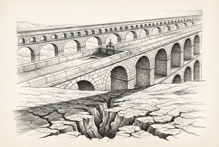 A vast pen-and-ink aqueduct system with dry channels running over parched cracked earth - infrastructure built but no flow reaching the ground below