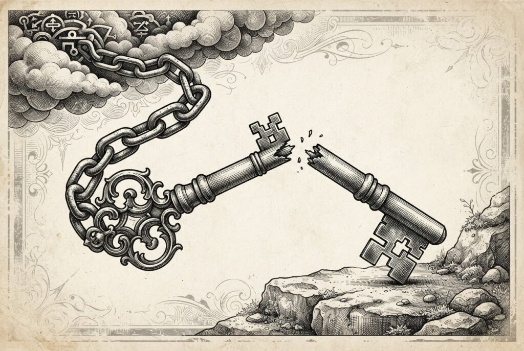 A single ornate key broken cleanly at its midpoint - the left half attached to a heavy chain representing tethered cloud access, the right half standing freely representing owned local-first access. Both halves carry the same teeth: the same protocol, two ways to hold it. Pen-and-ink engraving with cross-hatching and stippling on warm aged paper.
