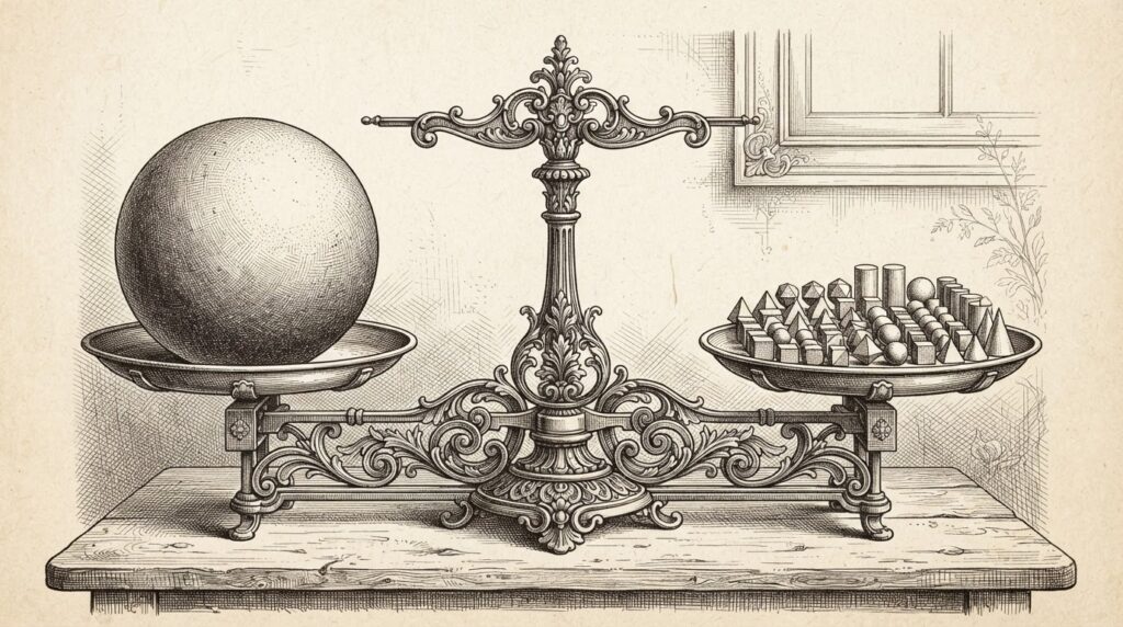 An ornate balance scale with many small precise geometric shapes balancing against a single large sphere - structured precision equals brute scale. Monochrome pen-and-ink engraving.