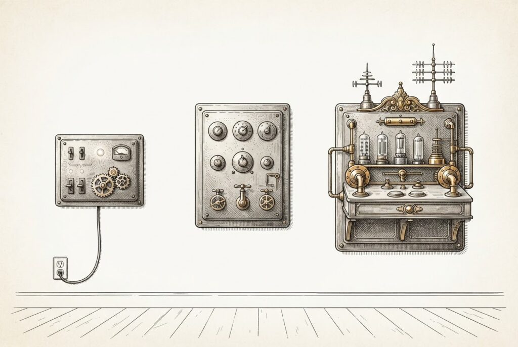 Three brass-and-copper mechanical control panels mounted side by side on a domestic wall, increasing dramatically in size from left to right. The smallest panel has moving gears and a faint indicator light. The middle and largest panels are ornate but completely still - showpieces with no life in them.