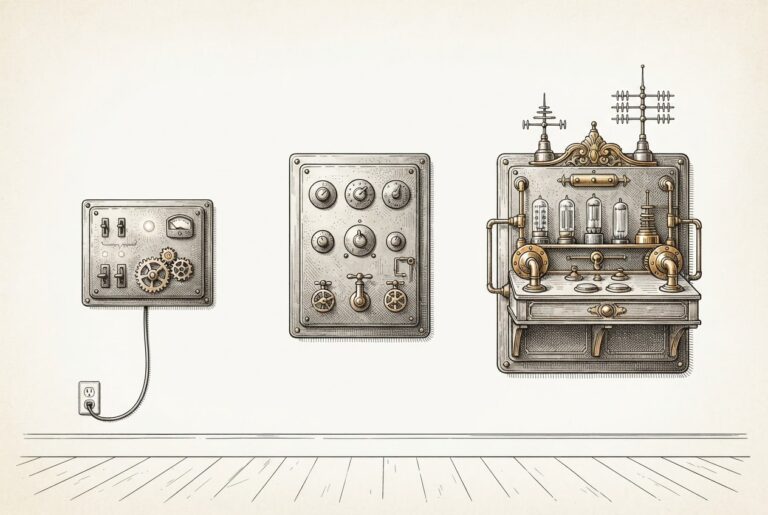 Three brass-and-copper mechanical control panels mounted side by side on a domestic wall, increasing dramatically in size from left to right. The smallest panel has moving gears and a faint indicator light. The middle and largest panels are ornate but completely still - showpieces with no life in them.